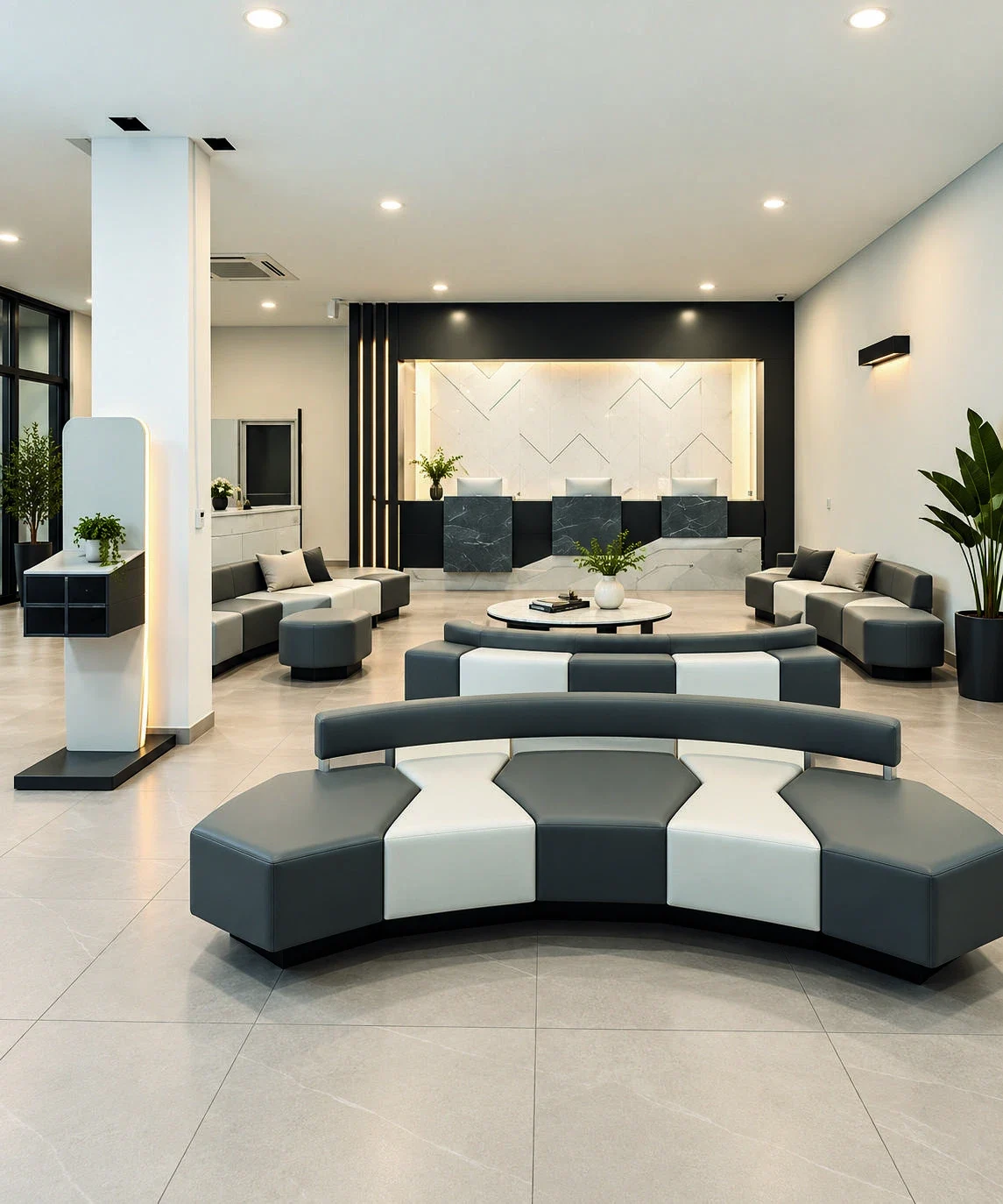 Intérieur contemporain avec mobilier géométrique sur mesure